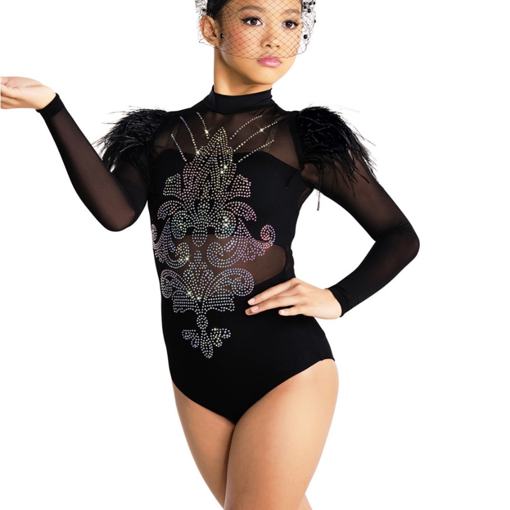 Black Long Sleeve Leotard with Rhinestone Design